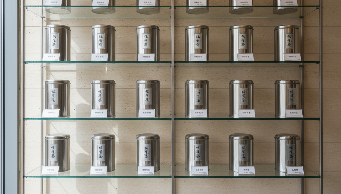A meticulously arranged display of premium loose-leaf tea canisters, each crafted from brushed stainless steel with engraved minimalist Chinese characters, lining perfectly on glass shelving within a modern tea shop. The shelving sits against a textured neutral-toned wall for contrast, with clean, uncluttered display cards detailing each tea variety. Soft, natural daylight from a nearby window illuminates the canisters, casting gentle highlights and crisp shadows while emphasizing the polished finishes. Shot at eye level with a balanced, symmetrical composition and sharp focus throughout, the mood is calm, professional, and refined. The overall style is photographic realism, embodying a clean, corporate aesthetic aligned with the brand’s reputation for quality and expertise in tea culture.